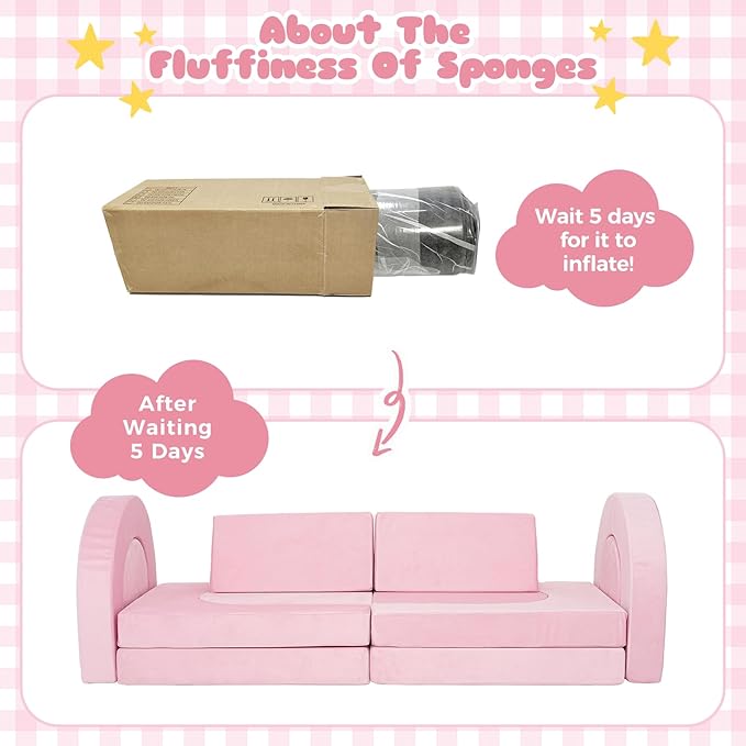 12 Pcs Modular Kids Play Couch, Toddler Couches That Fold Out, Plush Foam Chair for Children’s Playroom, Velvet Fabric Convertible Foam and Floor Cushion for Boys and Girls (Pink,07)