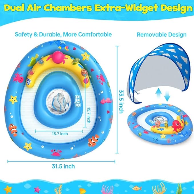 ZIZZ Baby Pool Float with Canopy - 2025 New Inflatable Baby Swim Float with UPF50+Sun Protection, Baby Infant Pool Float with Toy Play Console Adjustable Seat for Toddler Kids Aged 6-36 Months