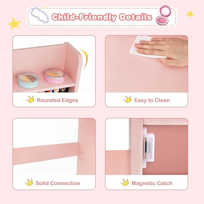 INFANS Kids Vanity with Lights, Princess Makeup Desk with Mirror Storage Shelves, Toddler Table and Chair Set Pretend Play for Girls Aged 4-9 (Pink)