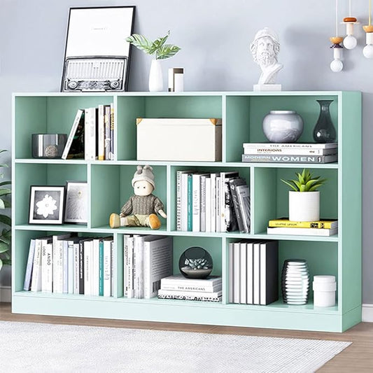 IOTXY Open Shelf Low Bookcase - Wooden 3-Tier Floor Standing Display Cabinet Organizer with Base, 10 Cubes Short Horizontal Bookshelf in Tiffany-Green