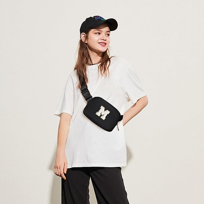 Gitus Birthday Gifts for 8 9 10 11 12 13 Year Old Girls Personalized Fanny Pack Crossbody Bags with Initial Letter Patch Belt Bag for Teen Girls Cute Trendy Stuff Travel Essentials (Black-M)