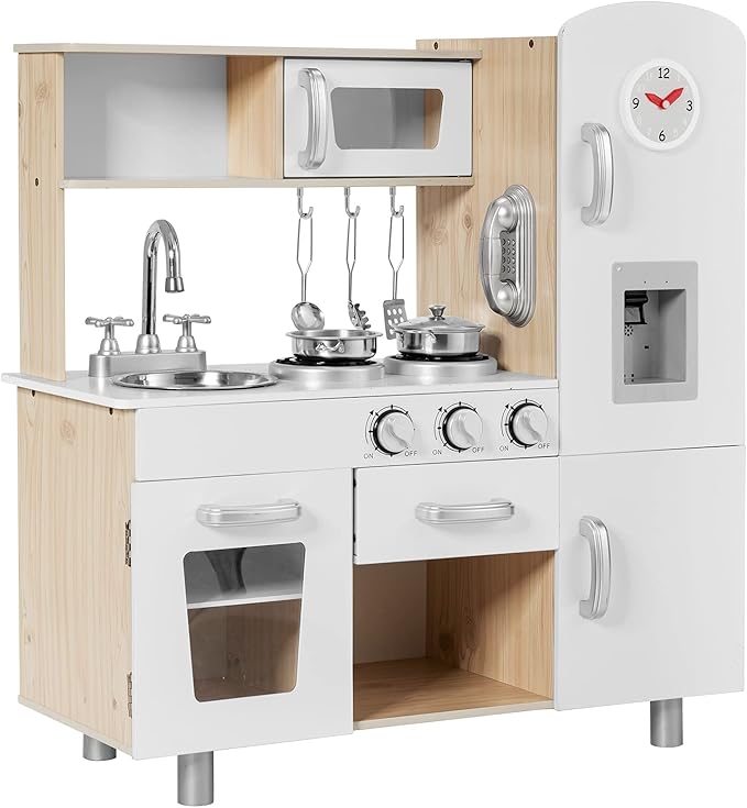 HONEY JOY Kids Kitchen Playset, Wooden Pretend Play Kitchen for Toddlers, Cookware Utensil, Phone, Clock, Water Dispenser, Storage Cabinet, Little Chef Toy Kitchen Set, Gift for Boys Girls 3+, Natural