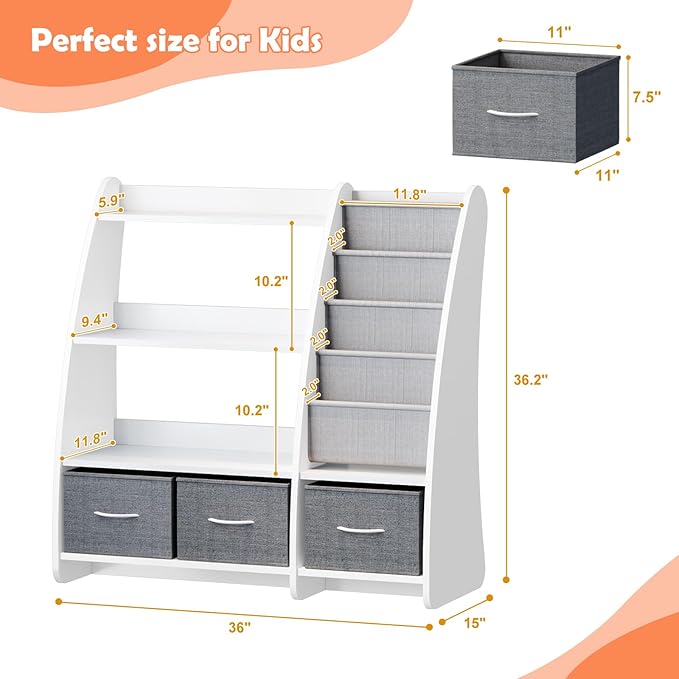White Kids Bookshelf Wood Toy Storage Organizer Cabinet Children Bookcase Toddler Baby Sling Book Rack 3 Cube Bins Sail Boat Arc Shape for Playroom Bedroom Nursery Classroom