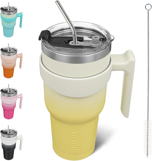 BJPKPK 40oz Tumbler With Handle Insulated Tumbler Cups With Lid And Straw Reusable Stainless Steel Double Wall Travel Mugs,Lemon