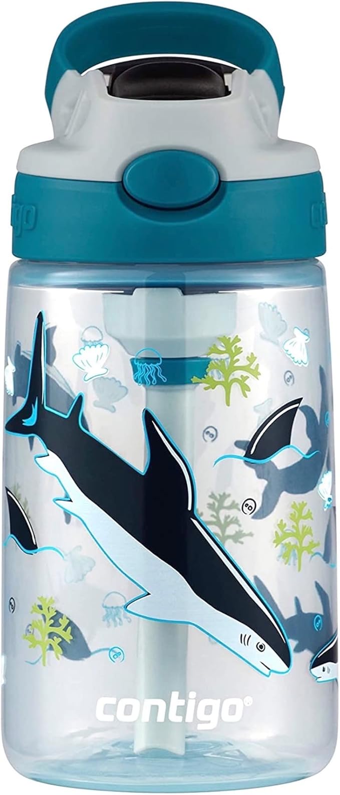 Contigo Kids Straw Water Bottle with AUTOSPOUT Lid 14oz. White Sharks