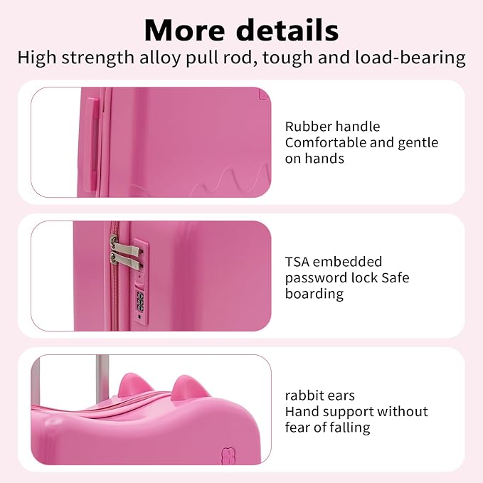 18" Children's Ride On Trolley , Ride-on Travel Suitcase, Cute Ear Toddler Carry on Luggage with Spinner Wheels, Children Rolling Trolly Luggage, Unisex Boys Girls Travel Suitcase With Lock (18“ Pink)