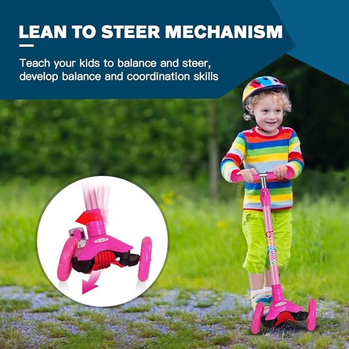 BELEEV Scooters for Kids 3 Wheel Kick Scooter for Toddlers Girls Boys, 4 Adjustable Height, Lean to Steer, Light up Wheels, Extra-Wide Deck, Easy to Assemble for Children Ages 3-12 (Rose Pink)