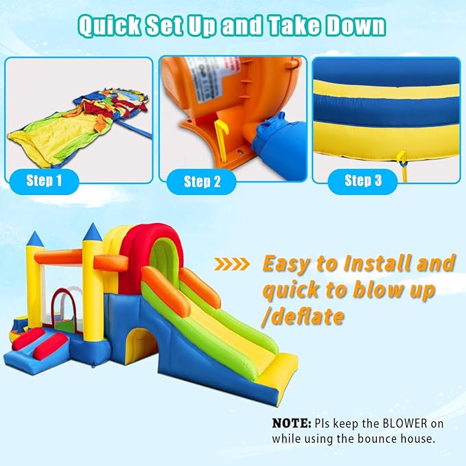 Inflatable Bounce House, 8 in 1 Large Bounce Castle with Blower for Kids and Toddlers, Outdoor Indoor Backyard Inflatable Bouncers with Two Slides