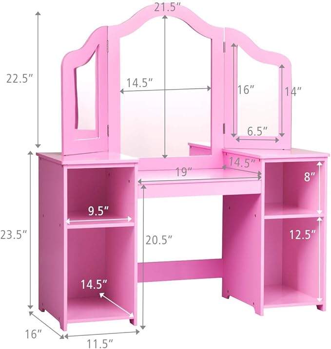 Costzon Kids Vanity, 2 in 1 Princess Makeup Desk Dressing Table with Detachable Top, Toddler Vanity with Tri-fold Mirror & Storage Shelves, Vanity Set for Little Girls, Pink
