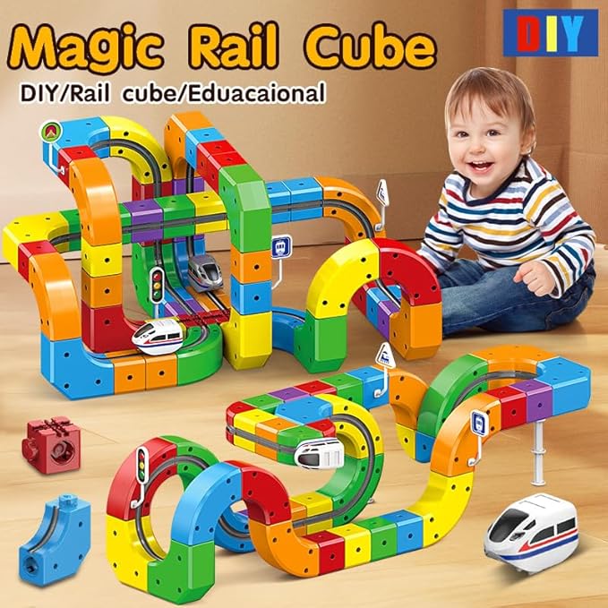 Rail Electric Train Set for Kids, Flexible 3D Race Track Toy with Motorized Car, Gravity-Defying Click Rail Track Layout, Educational STEM Building Set for Boys & Girls Ages 3–8 (123pcs)