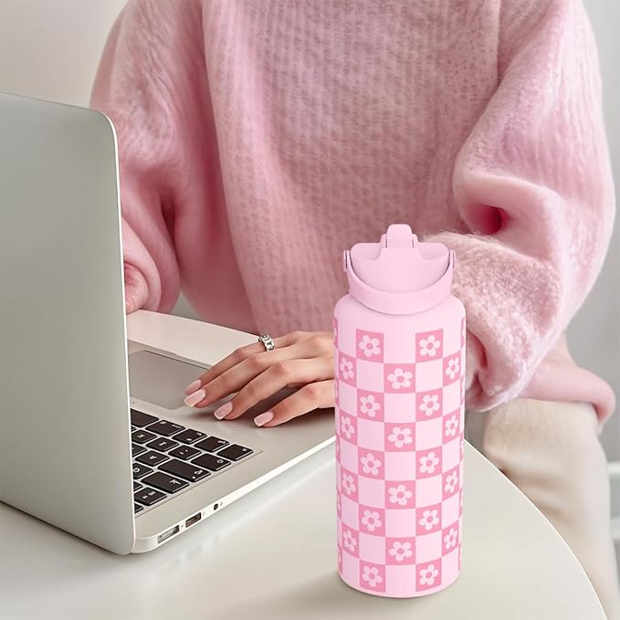 Checker Daisy Water Bottle 32oz Stainless Steel with Lid & Straw, Checkerboard Insulated Bottles Gifts for Women Girls Friends, Gift Idea for Birthday Christmas
