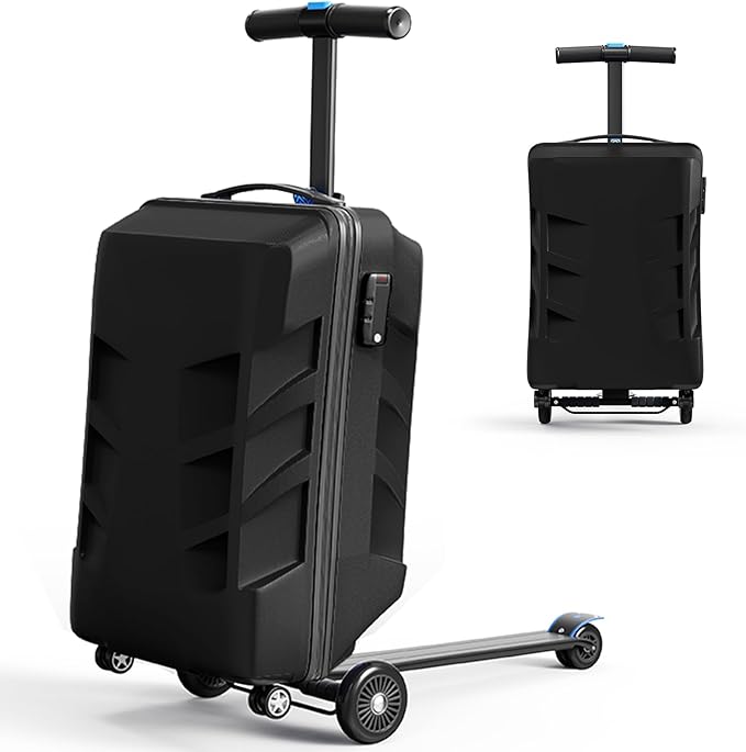 Scooter Suitcase 3-D Hardshell Ride Scooter Luggage for Kids Age 7-15, Cute Lightweight Kids Luggage with Wheels, Girls&Boys Multifunctional Ride On Travel Trolley Scooter Combo-Black