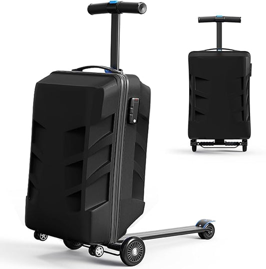 Scooter Suitcase 3-D Hardshell Ride Scooter Luggage for Kids Age 7-15, Cute Lightweight Kids Luggage with Wheels, Girls&Boys Multifunctional Ride On Travel Trolley Scooter Combo-Black