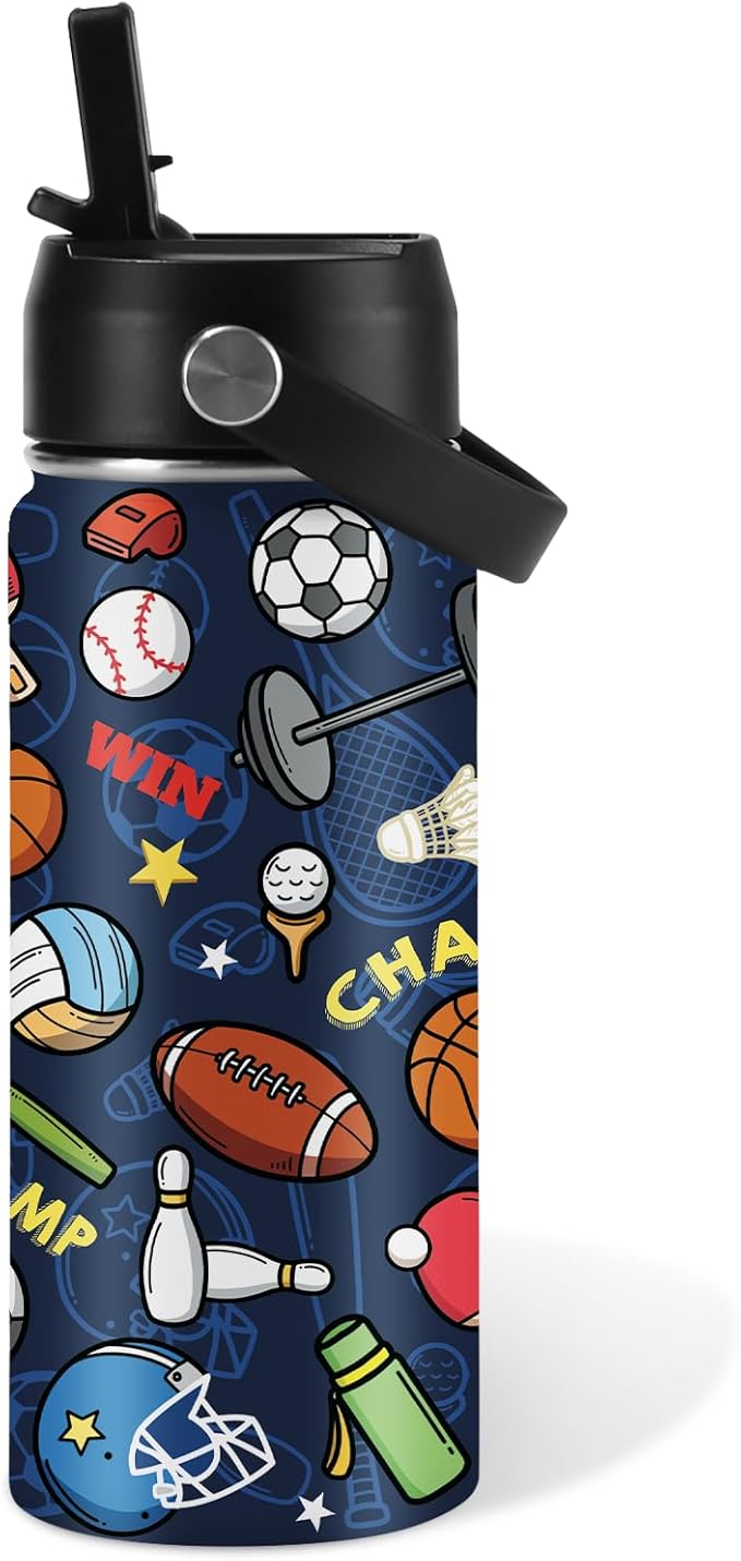 Sports Gifts for Men & Women - 16oz Water Bottle with Straw Lid, Stainless Steel Insulated Tumbler, Leakproof, BPA-Free, for Her, Daily Use, Travel - Sport Lovers Birthday Gift Cup (1pc)