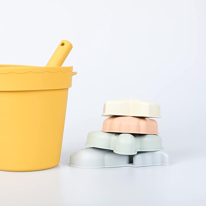 BLUE GINKGO Silicone Beach Toys - Modern Baby | Travel Friendly Toys Set | Silicone Bucket, Shovel, 4 Sand Molds, Beach Bag | Sand Toys for Toddlers, Kids - Yellow