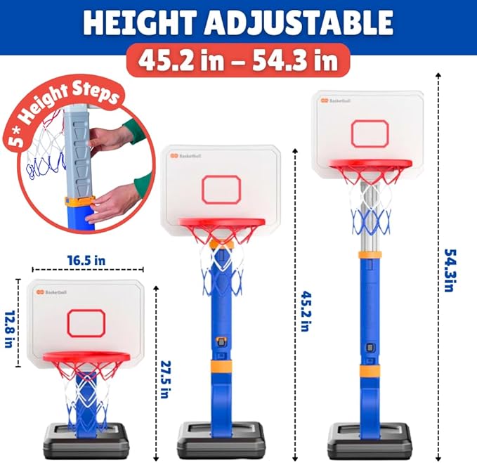 Toddler Basketball Hoop Adjustable for Kids – Grow-with-Me Indoor & Outdoor Basketball Hoop for Toddlers 1-3 with Mini Basketball, Pump, Stable Base, Height Adjustable 2.5 to 5.5 Feet
