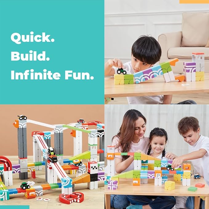 QBI Magnetic Blocks for Toddlers Ages 2-4｜STEM Magnetic Building Blocks with Trucks & Fruit Tiles｜Montessori Magnet Building Cubes for Kids｜Educational Gifts for Boys & Girls Ages 2+ (32PCS)