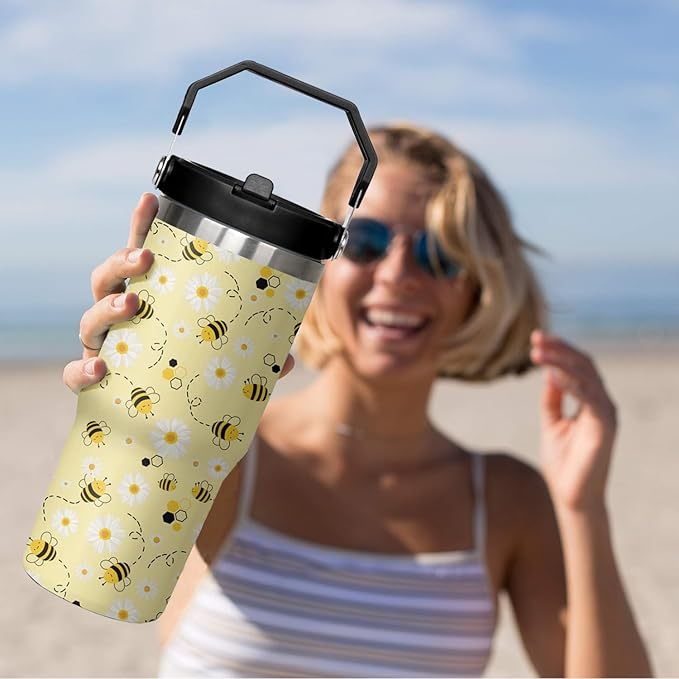 30 oz Bee tumbler With Handle Lid and Straw,Queen Bee Flip Straw Coffee Mug Cup Tumbler Water Bottles,Honey Bee themed Gifts for Women Daisy Flowers,Bee Decor