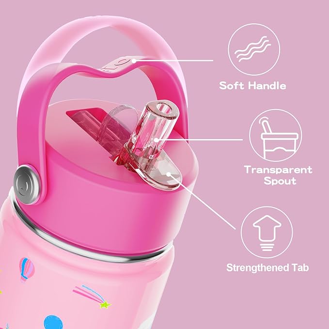 OISIZ Kids Water Bottle with Straw Lid 14oz, Vacuum Insulated 316 Stainless Steel Water Bottles for Kids for School, Leakproof Water Bottle, BPA Free and Keep Cold for 24 Hours