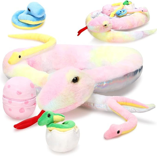 Leitee Giant Snake Stuffed Animal 63 Inch Large Mommy with 4 Babies & 2 Eggs Realistic Stuffed Snake Plush Toys for Kids Christmas Halloween Party Favors Prank Props Gifts(Cute Style)