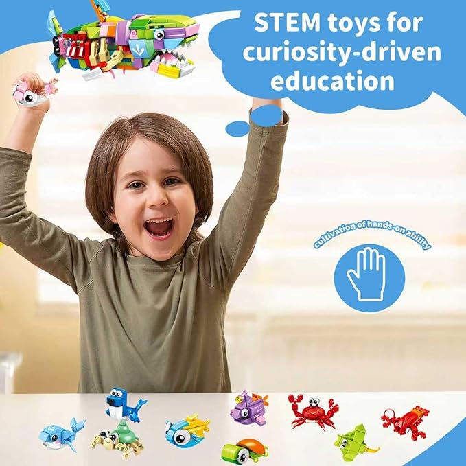 Marine Animal Building Blocks Set, 12-in-1 Ocean Creatures Shark Toy, Creative Party Favors for Kids, Classroom Prizes, Birthday Gifts for Boys & Girls (12 Pack)