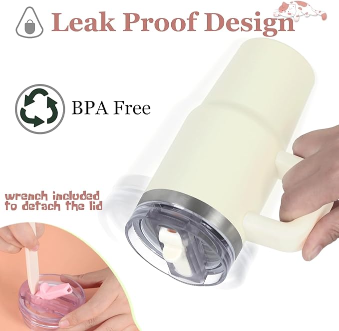 Cosictic 14 Oz Flip Straw Tumbler with Handle for Kids, Stainless Steel Double Wall Insulated Cup for Children with Flip Top Lid, 14 Oz Leak-proof Cups for Kids, Cream