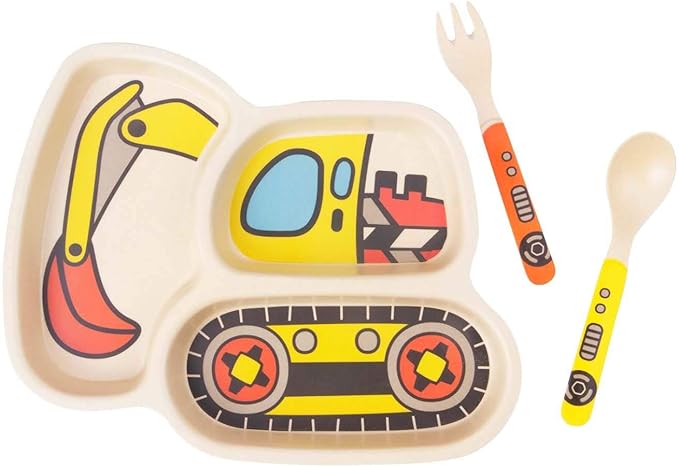 Kids Plates - 3-Piece Bamboo Toddler Plates Dinnerware Set - Divided Plate, Baby Spoon & Fork - Teaches Portion Control