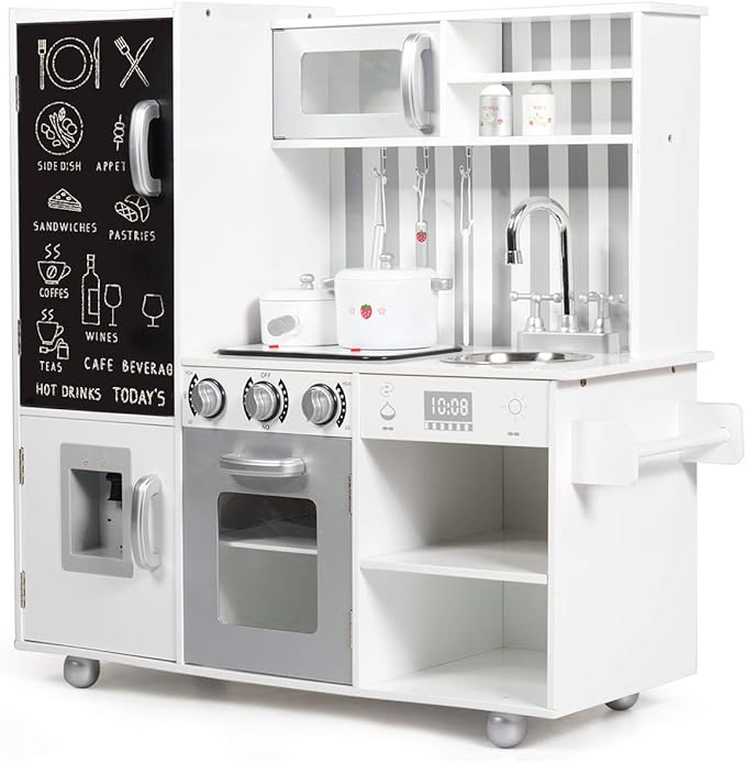 HONEY JOY Kids Kitchen Playset, Wooden Little Chef Pretend Play Kitchen Set w/Chalkboard & Water Dispenser, Stove, Storage Cabinet, Turning Knob, Play Kitchen for Toddlers, Gift for Boys Girls 3+