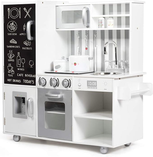 HONEY JOY Kids Kitchen Playset, Wooden Little Chef Pretend Play Kitchen Set w/Chalkboard & Water Dispenser, Stove, Storage Cabinet, Turning Knob, Play Kitchen for Toddlers, Gift for Boys Girls 3+