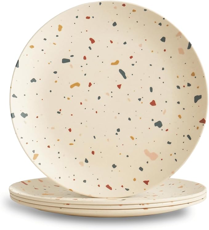 Nook Theory 4 Pack Reusable Bamboo Plates - Non-Toxic Toddler and Kids Plate, Dishwasher Safe, Not Microwavable Dinnerware (Fiesta 10")