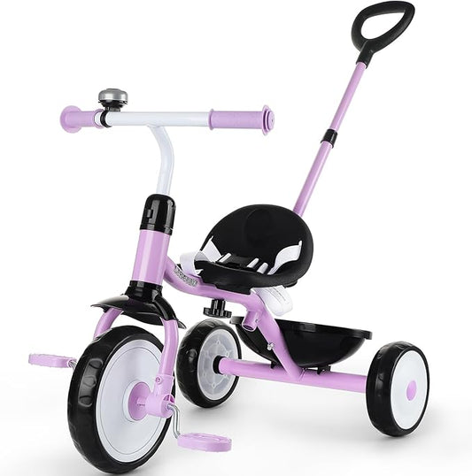 Liberry 2 in 1 Toddler Tricycle Age 2 3 4 Years Old, Kids Trike with Adjustable Push Handle, Bell & Basket, 3 Wheel Bike Riding Toy Birthday for Girls Boys, Purple