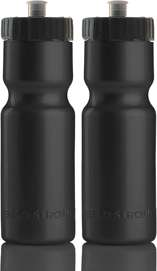 Bike Water Bottle Holder & Bottle Combo – 2-Pack 22 oz Sports Squeeze Bottles with Pull Top Cap & Easy-Install Bike Cage – Made in USA – 50 Strong Brand