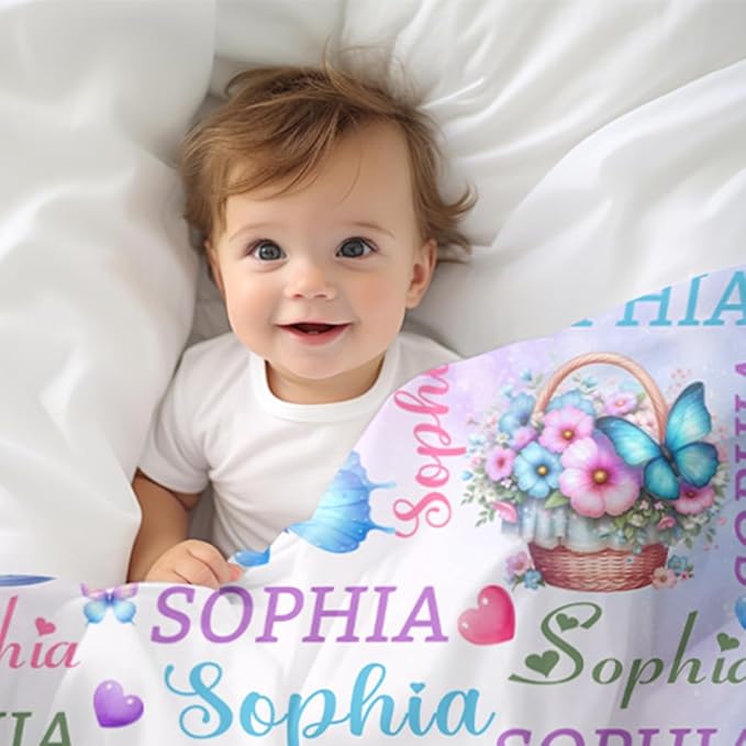 Custom Baby Girl Blanket with Name Personalized Butterfly Blanket Customized Soft Throw Blanket for Newborn Toddler Teens Baby Shower Birthday