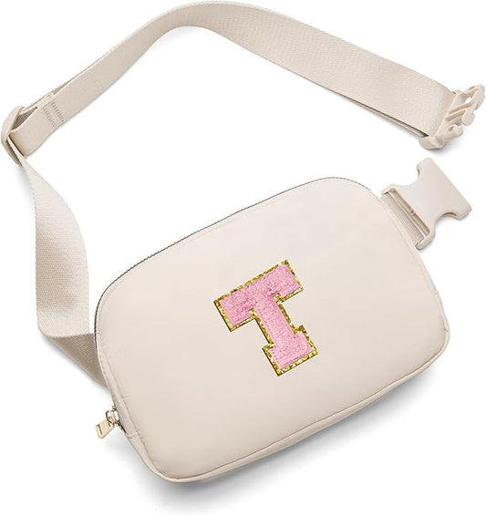 Gitus Belt Bag Fanny Pack Crossbody Bags with Initial Letter Patch Cute Stuff Birthday Gifts for Teenager Girls Trendy Preppy Stuff for Teen Girls(Beige-T)