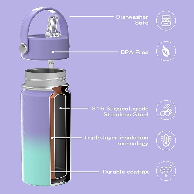 OISIZ Kids Water Bottle with Straw Lid 14oz, Vacuum Insulated 316 Stainless Steel Water Bottles for Kids for School, Leakproof Water Bottle, BPA Free and Keep Cold for 24 Hours
