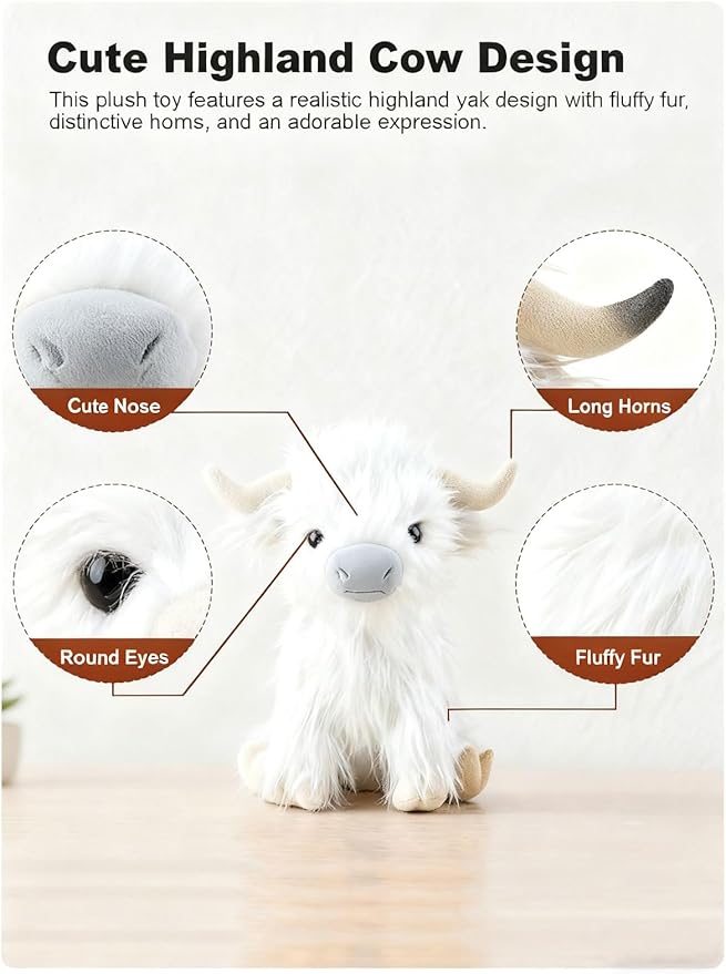 Highland Cow Fluffy Stuffed Animal, 10" Adorable Realistic Plush Toy Soft Cute Cow Plushie Home Decor Gift for Boys Girls Kids Teens Adults, White