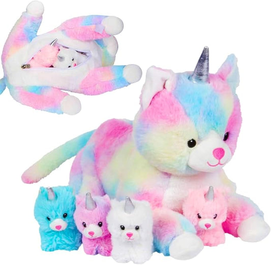 PixieCrush Unicorn Cat Plushie - Mommy Cat Unicorn with 4 Baby Kittens - Magical Pillow Plushies for Girls Ages 3-8 - Big Stuffed Animals - Ideal Gift for Girls 5 x 10 x 8 inches