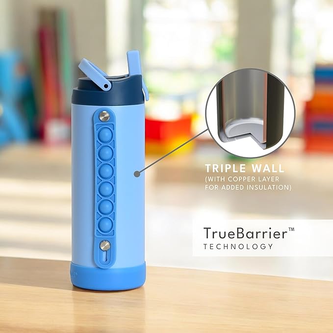 Elemental Iconic Kids Water Bottle for School - 100% Leak-Proof Insulated Water Bottles with Straw Lid & Pop-It Handle for Boys & Girls - Triple-Wall Insulated & BPA-Free, 14oz – Ocean Blue