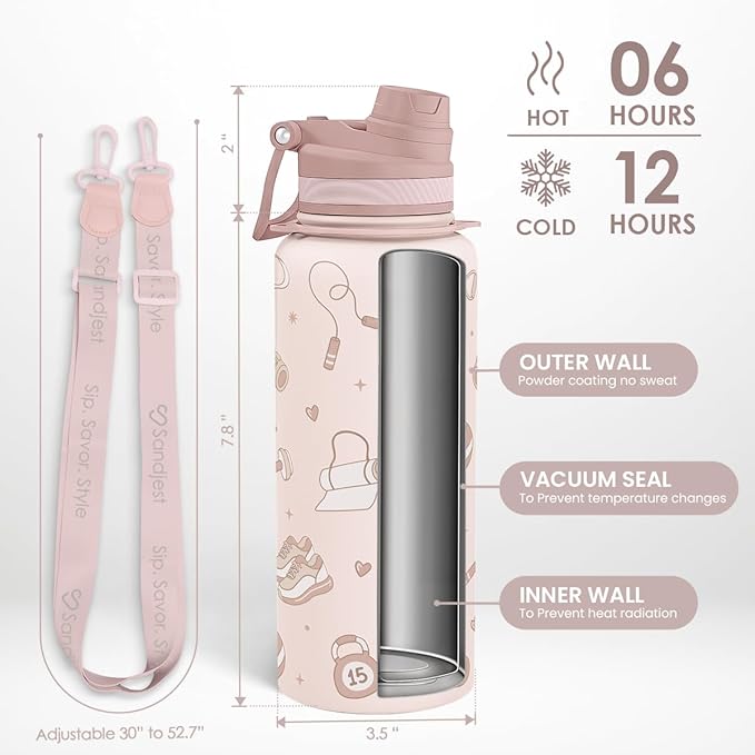 SANDJEST Workout Stainless Steel Water Bottle with Strap 32oz, Insulated Bottles with Straw and Spout Lid for Gym Sports Travel Outdoor, Gifts for Women Girls Birthday Christmas
