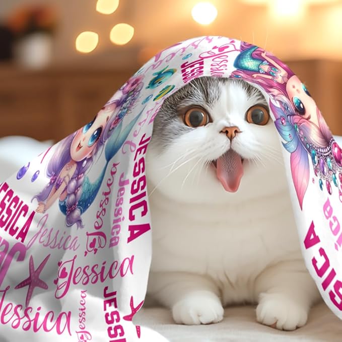 Custom Girl Blanket with Name Personalized Cute Mermaid Blanket for Newborn Customized Soft Flannel Throw Blanket Memorial Gift for Toddler on Birthday Baby Shower Christmas