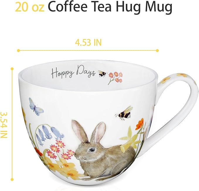 20 oz Rabbit Coffee Hug Mug, Spring Flowers & Happy Days Slogan, Premium Bone China Cute Bunny Mug, Perfect Birthday and Christmas Gift for Women, Designed in England by Harvest Green Studio