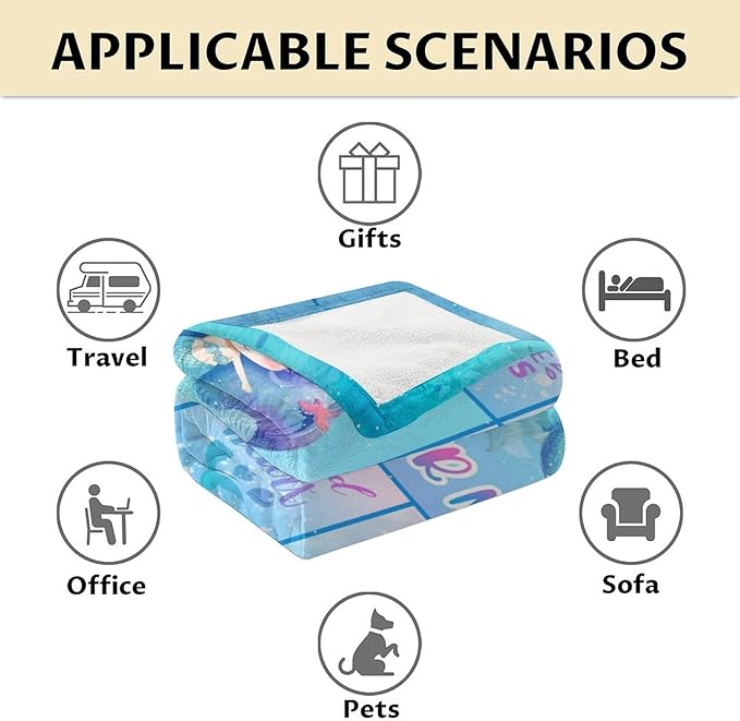 Personalized Mermaid Blanket with Name - Soft, Fuzzy & Warm - 50"x60" Throw Size Blanket for Bed, Couch, Sofa - Blue Cute Throw Gifts for Girls