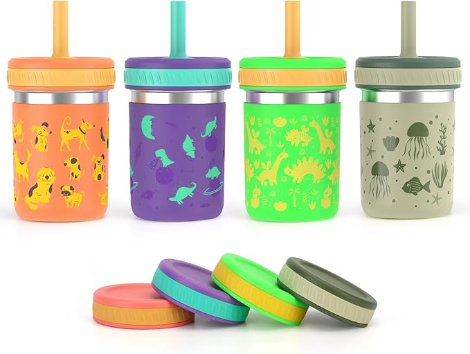 Sursip 10 oz Stainless Steel Kids Cups with Silicone Sleeves & Straws | Spill-Proof Sippy Cup for Drinks & Snacks, Smoothie Cups for Toddlers, BPA-Free, Dishwasher Safe