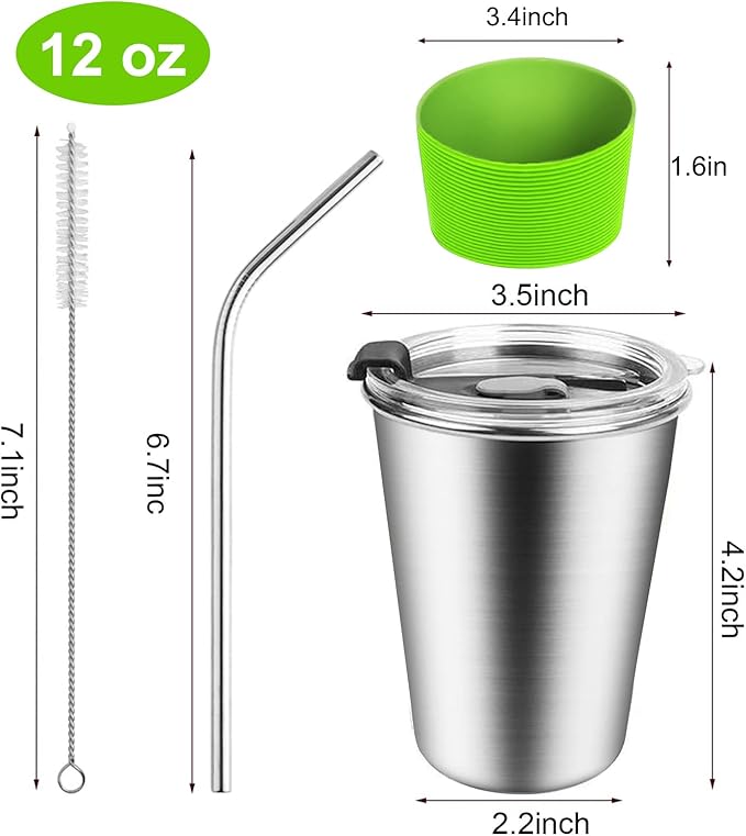 ShineMe Kids Stainless Steel Cups, Kids Metal Drinking Glasses with Lids, Stainless Steel Straws and Sleeves, 12oz Reusable Water Tumbler for Children and Adults, Apply to Indoor and Outdoor