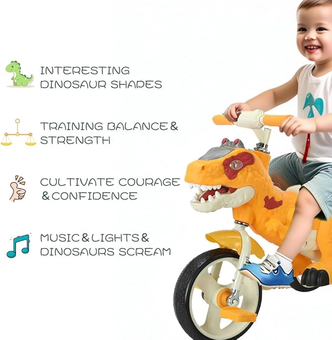 Dinosaur Kids Tricycle for Rider, Toddlers 2-6 Years - Trike Bike with Music, LED Lights, Storage Basket & Rubber Wheels | Indoor/Outdoor Big Wheels Bike Gift for Boys & Girls (Yellow)