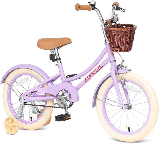 ACEGER Girls Bike with Basket, Kids Bicycle for 3-13 Years, Included Coaster Brake & Caliper Brake, 14 16 18 Inch with Training Wheels, 20 24 26 Inch with Kickstand but no Training Wheels