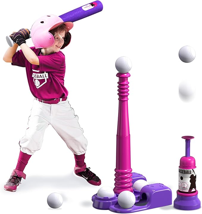 QDRAGON 2 in 1 T Ball Sets for Kids 3-5 5-8, Tee Ball Set with Automatic Pitching Machine/Adjustable Batting Bat & Stand/6 Balls, Baseball Toys Outdoor Sport for Toddlers Girls, Pink