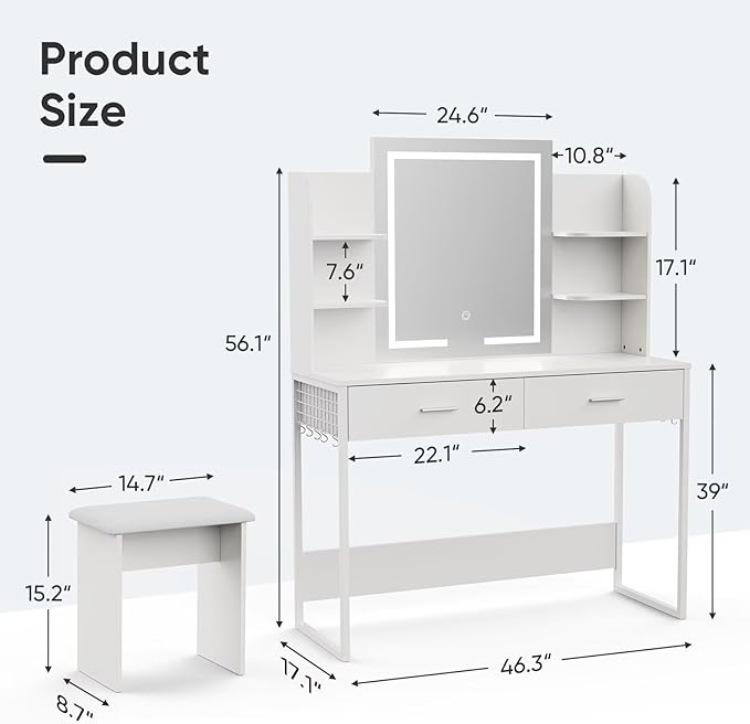 Vyre Metal Vanity Desk with Hooks, White Makeup Table with Mirror and Light, Adjustable Brightness, 2 Large Drawers, 6 Open Shelves, Vanity Set with Chair for Bedroom, Girls