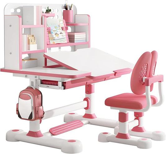 Upgraded Kid's Desk and Chair Set, Adjustable Children's Study Table with Bookshelf and Storage Drawer, 50-Degree Tiltable Desktop with Chair for Bedroom Pink