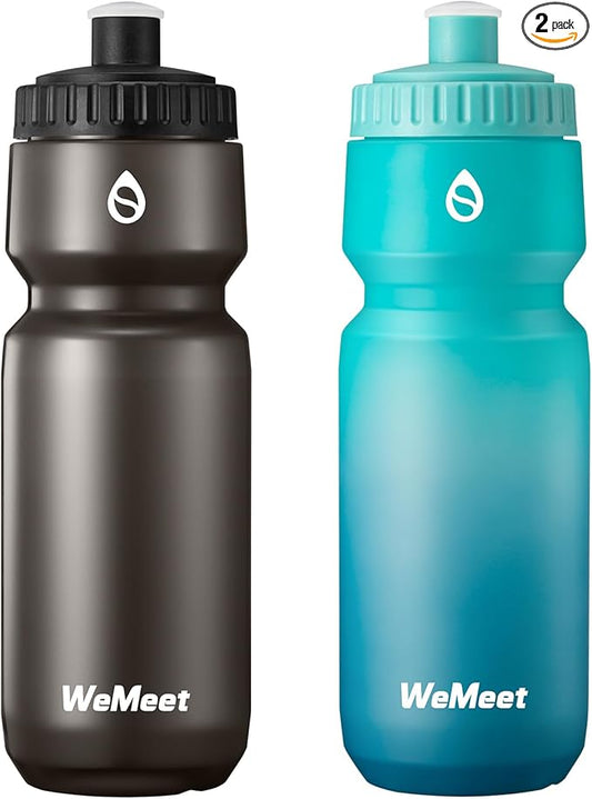 24oz Cycling Sports Bottle, Fits Most Bike Cages, LeakProof, BPA Free, Mountain Bike Squeeze Bottle with Capacity Scale, for Gym, Travel,Hiking (Black & Green Blue, 2 Pack)